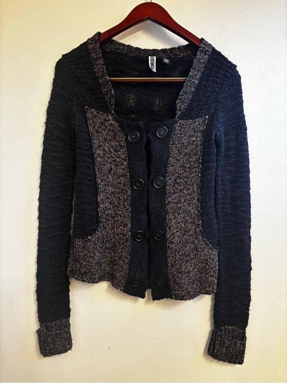 BKE Black and Brown Double-Breasted Knit Cardigan Size Medium Y2K